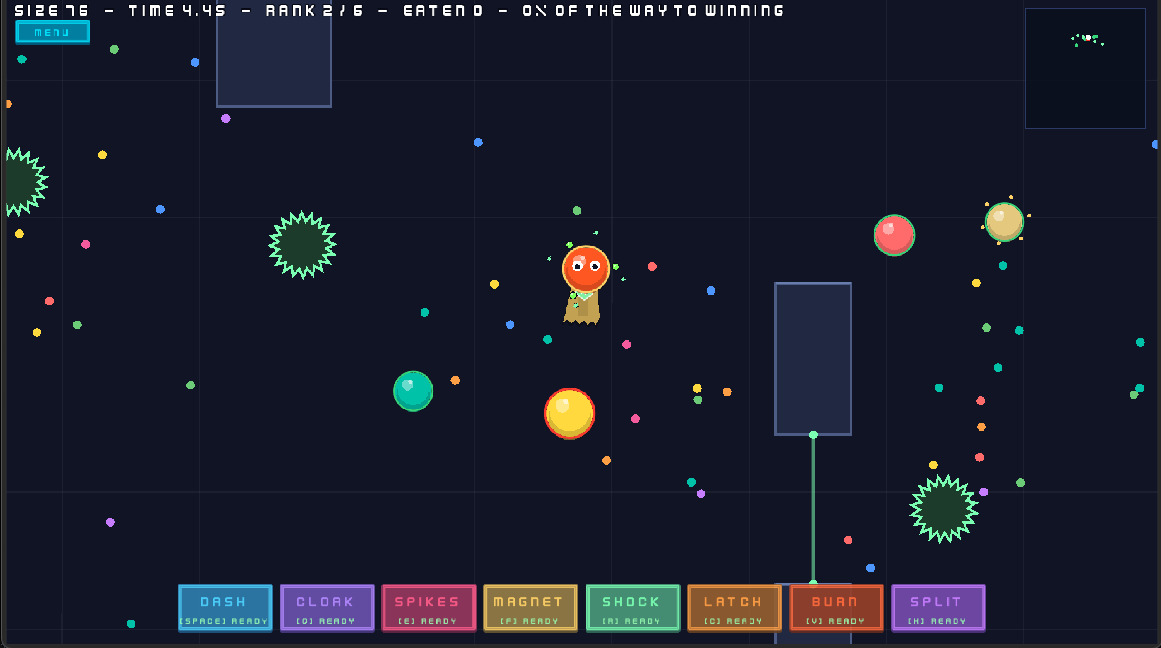 Blob Arena gameplay: an orange blob among food dots, rival blobs and spiked hazards, with the ability bar along the bottom