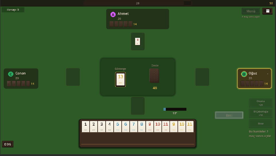 Okkey table: four players around a green felt table, a rack of numbered tiles at the bottom